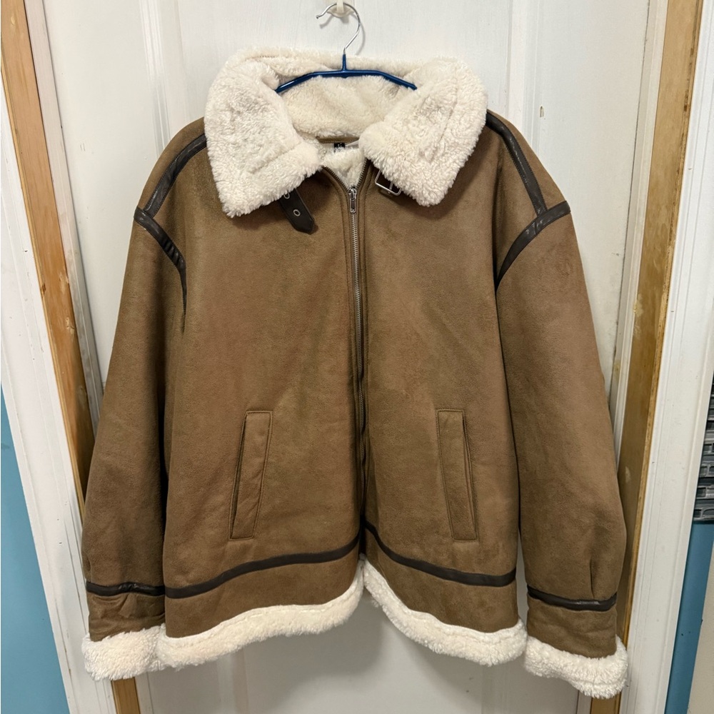 Dark beige Oversized teddy fleece lined jacket from H&M size L
